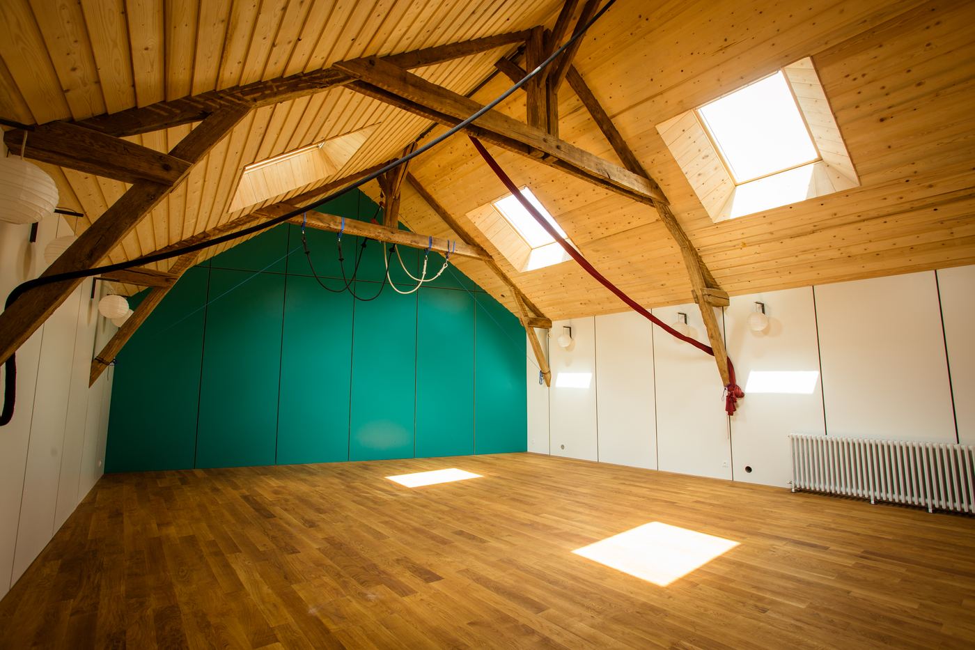 Salle 2 du Plateau 25 — mur vert et charpente bois